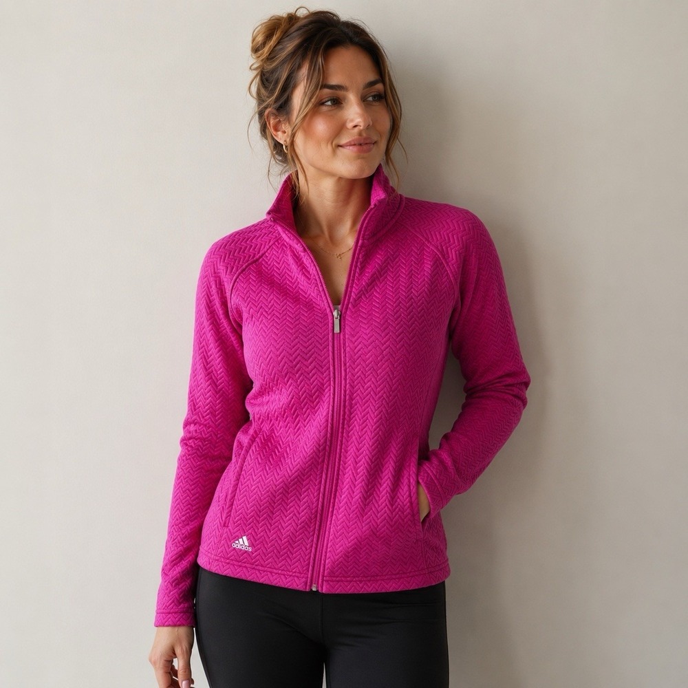 Adidas Textured Layer Track Jacket Full Zip Women’s Large Pink Breathable Bright